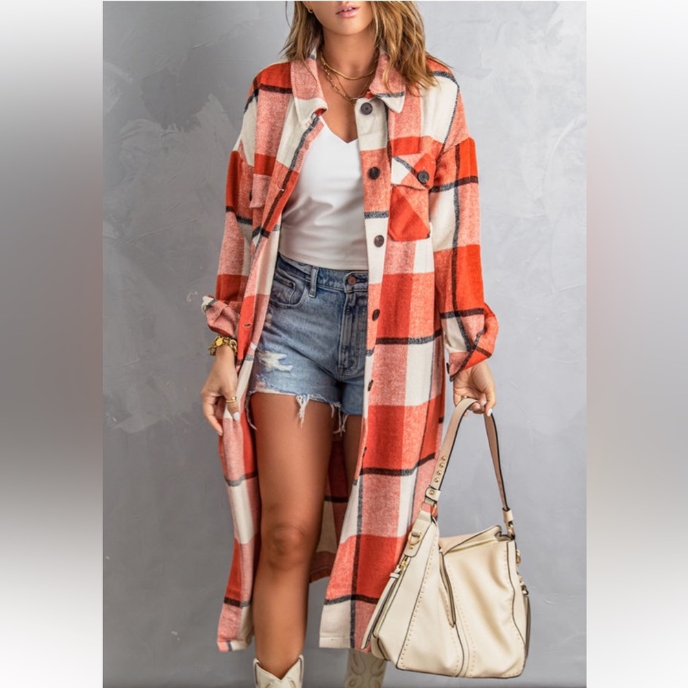 Orange pocketed grid pattern overcoat